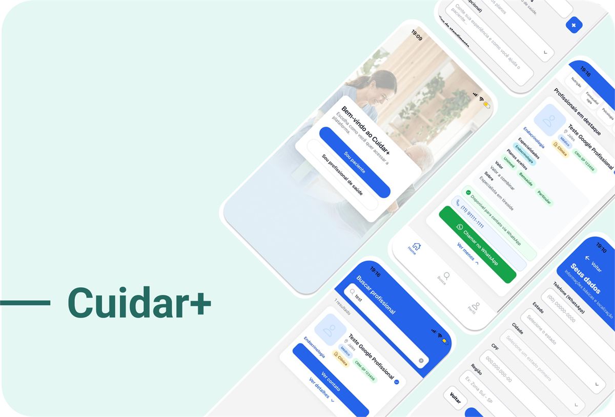 Visual da plataforma Cuidar+ para busca de profissionais de saude